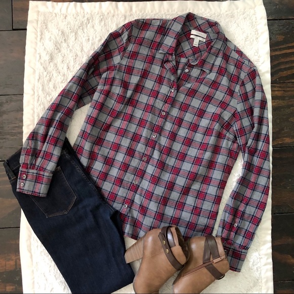J. Crew Tops - J Crew Boy Shirt Flannel in Gray Tartan Plaid